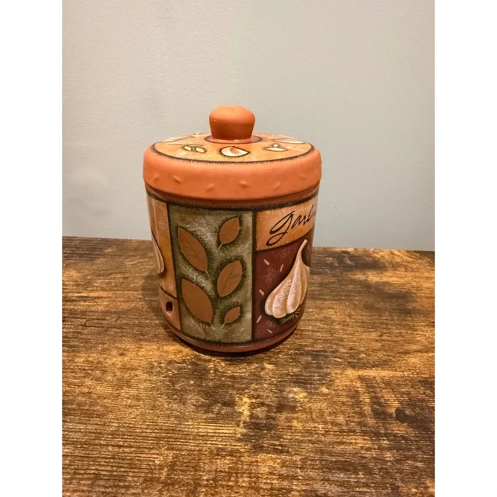 Terracotta Garlic Keeper Jar Hand Painted Rustic‎ Ceramic Storage Crock with Lid